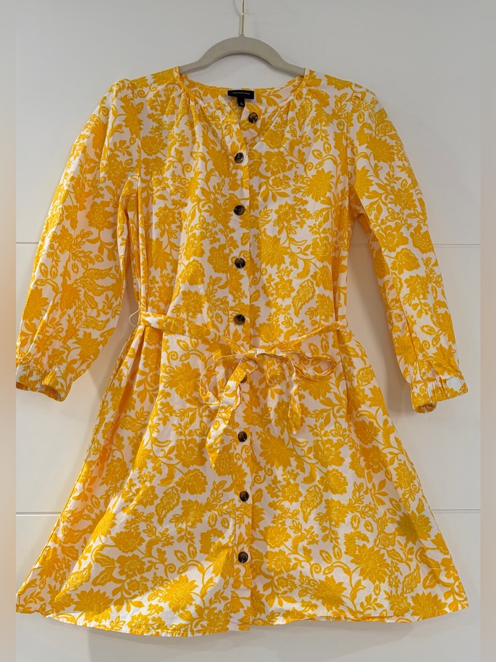 Who What Wear Floral Button-Front Cotton Dress, Tie Waist, Women’s Small Yellow